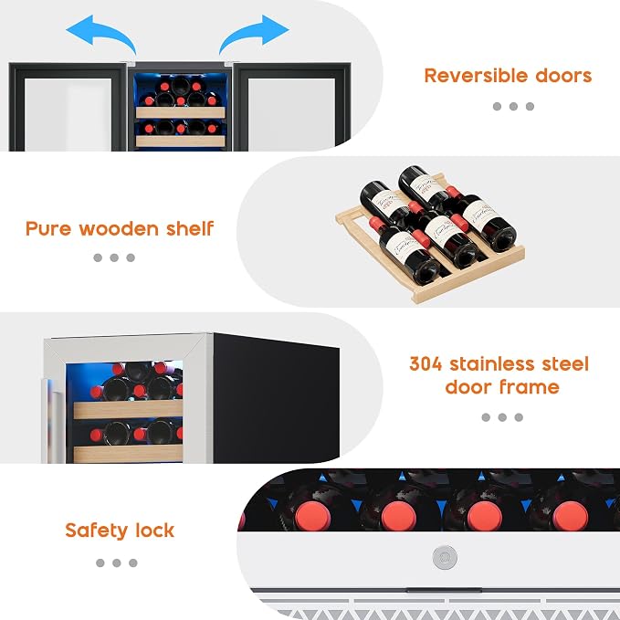 Albott 15 Inch Wine Fridge, Dual Zone 31 Bottle Wine Cooler | with Digital Temperature Control, Reversible Double-Layer Glass Door, Built-in or Freestanding Design for Home and Bar