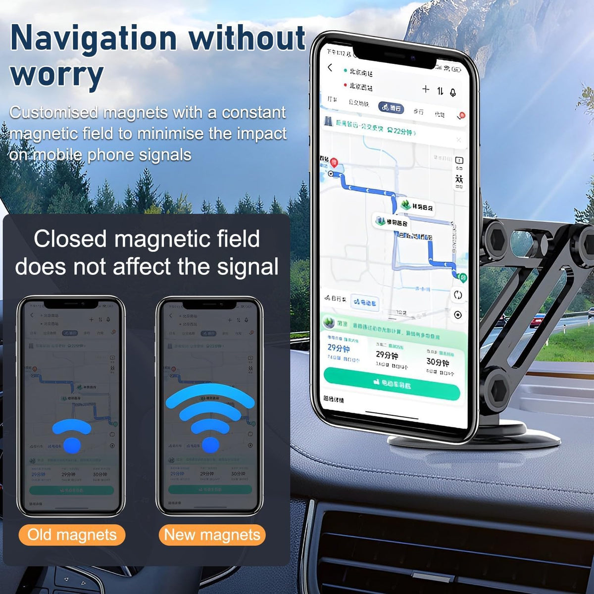 Universal 360° PRO Magnetic Suction Phone Holder Car,Alloy Folding Magnetic Cell Phone Holder for Car [Super Strong Magnet] Bracket Magnetic Dashboard Phone Car Mount for All Smartphone (Silver)