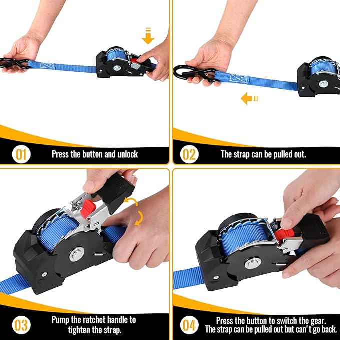 TLGREEN Retractable Ratchet Straps,Blue,4 Pack,1” x 10’1650lb Break Strength Heavy Duty Auto Self Retracting Tie Down Straps for Truck, Cargo, Motorcycle, ATV, UTV,Boat