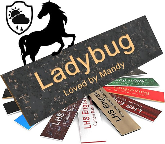 Horse Stall Name Plate, 2x12 Personalized Stall Signs, UV Protected, All Weather Adhesive, Hanging, Mounting or Other, Charcoal Marble Pattern Plastic Gold Letters - Made in USA - S6