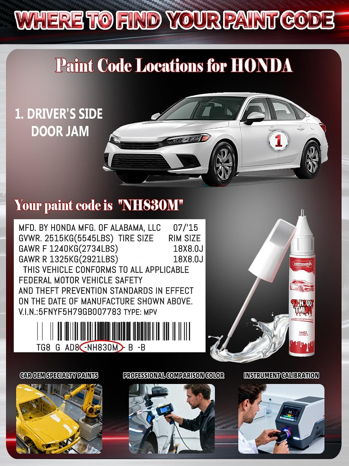 NH-830M Lunar Silver Metallic Car Touch Up Paint for Honda, Color Accurate Two-In-One Car Paint Scratch Repair Pen, Professional Scratch Remover for Vehicles Chips and Nicks Scuff
