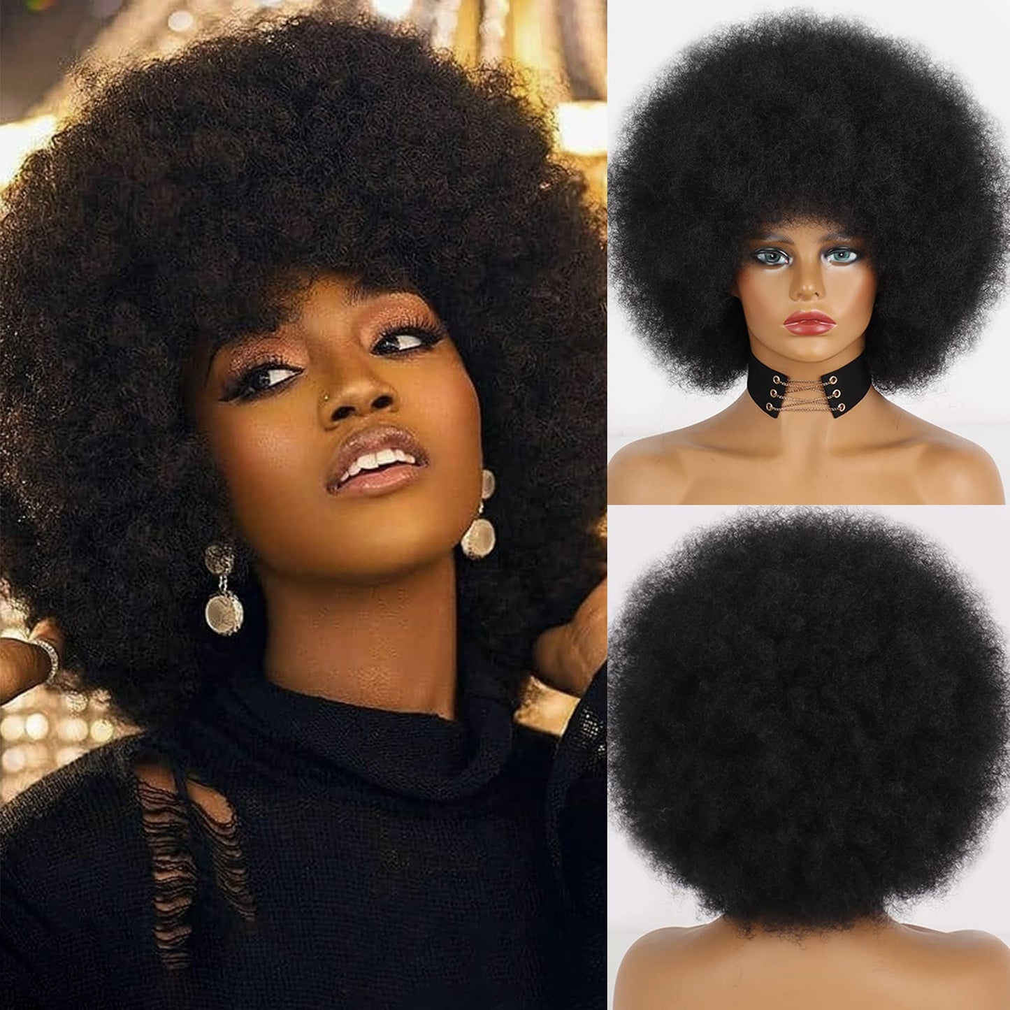 Xinran Short 70S Afro Wigs For Black Women, Large Synthetic Black Short Afro Wig 70'S, 8 Inches 60S Afro Wig For Women Bouncy An