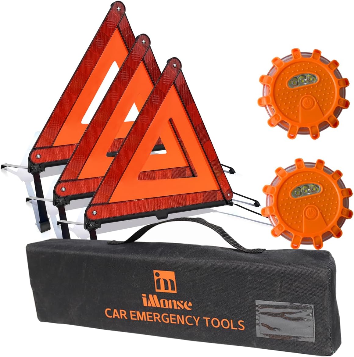 Warning Safety Triangle Kit, Emergency Roadside Warning Reflective Triangle 3 Packs with 2 LED Road Flare Light, Foldable with Storage Case for Roadside Breakdowns Emergenc