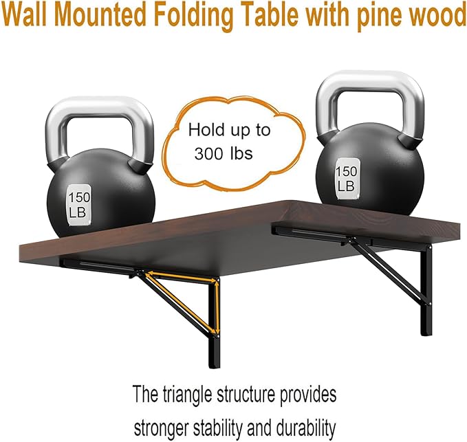 IAE Floating Wall Mounted Folding Table Desk with Pine Wood,36" x 22" Folding Workbench,Fold Down wall Mounted Foldable Table with Shelf Brackets,Laundry Folding Table for Apartment,Home,Kitchen,Brown