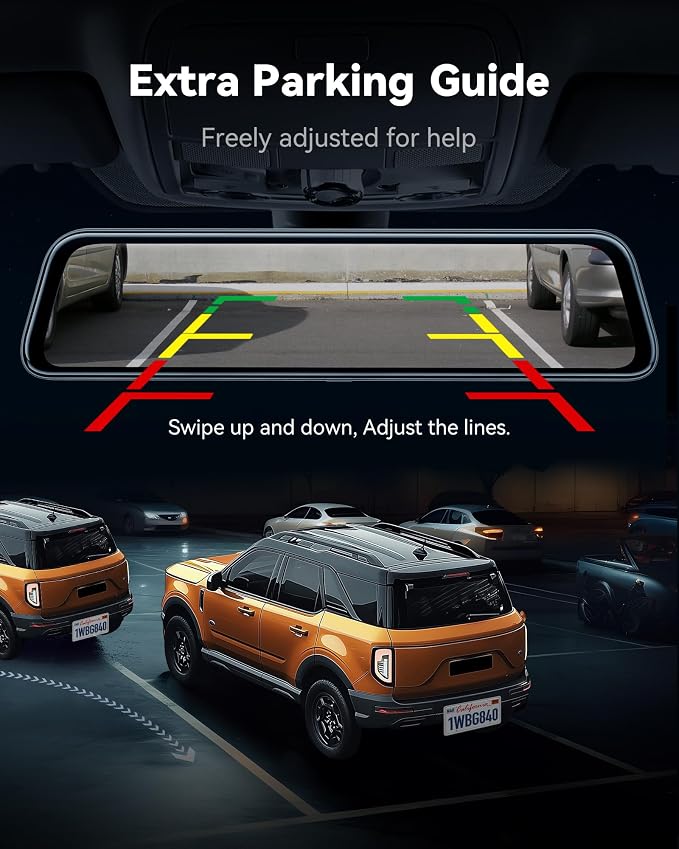 WOLFBOX G840S 12" 4K Mirror Dash Cam Backup Camera, 5.8GHz WiFi Smart Rearview