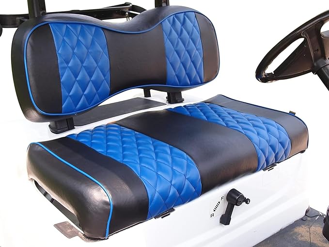 Huskey 2PCS Golf Cart Front Seat Covers for Club Car Precedent 2004+ G&E Models Custom Two-Tone Black/Blue Diamond Stitching with Blue Piping,Marine Grade Vinyl Material,Staple On Design
