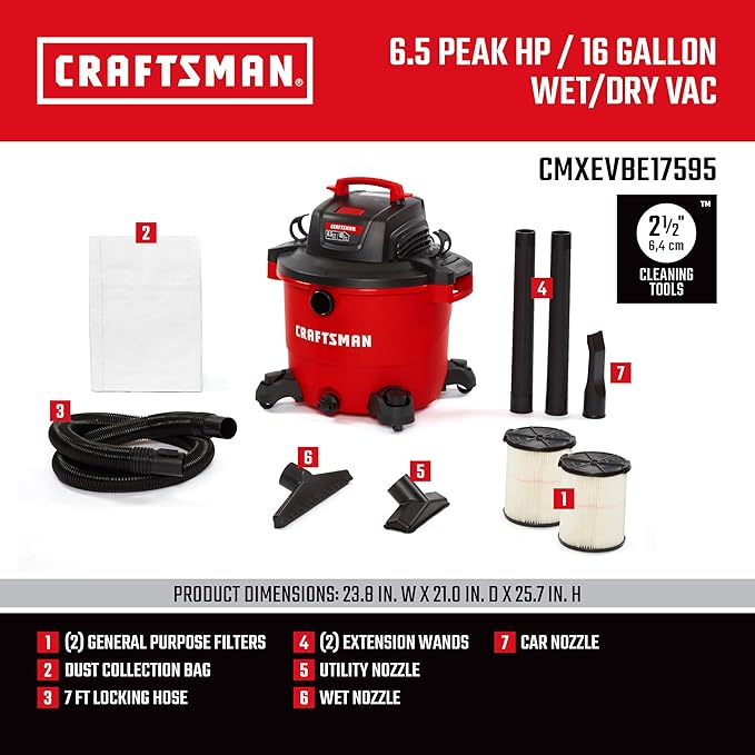 CRAFTSMAN CMXEVBE17595 16 Gallon 6.5 Peak HP Wet Dry Vac, Heavy-Duty Shop Vacuum Wet and Dry with 2 Filters, Dust Bag, Hose and Attachments for Home Projects & Renovations