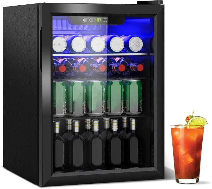 Erivess Mini Fridge 95 Can Beverage Refrigerator Cooler Glass Door for Soda | 2.6 Cu Ft Drink Fridge for Home/Bar/Office with LED Display, Digital Temperature Control, Removable Shelves for Wine, Black