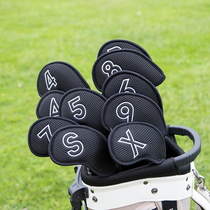 Montela Golf Iron Covers,Golf Iron Head Covers Mesh Golf Iron Covers Set 10pcs Golf Iron Headcovers,Golf Club Head Covers for Iron with Magic Tape Fit Most Brand 4-9 APSX