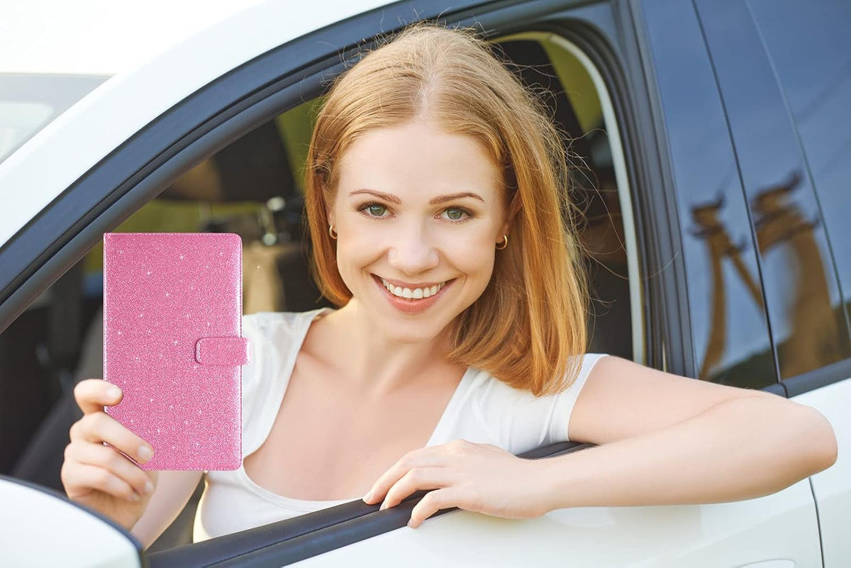 Car Registration and Insurance Holder Vehicle Glove Box Organizer Leather Car Document Holder for Driver's License, ID, Key Information Cards with Magnetic Closure, Glitter Pink