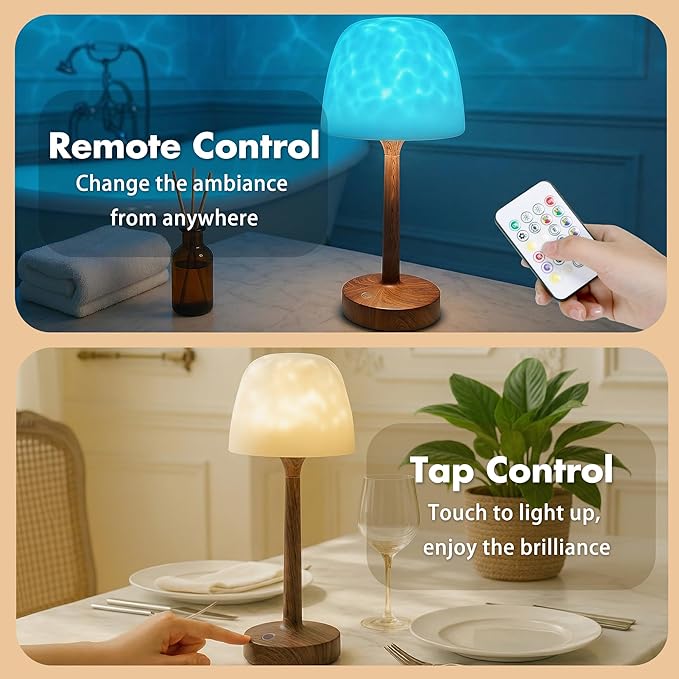 Waterproof Shower Lamp for Inside Shower, Rechargeable Bathroom Lamp with Remote & Touch Control, Cordless Shower Light with 16 Color Changeable, LED Ocean Wave Projector Light for Spa, Walnut Wood