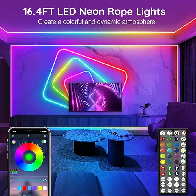 LETIANPAI 16.4FT Neon Rope Lights,Flexible Led Rope Lights Control with App/Remote,Multiple Modes Music Sync Gaming RGB Led Neon Lights for Bedroom Outdoor