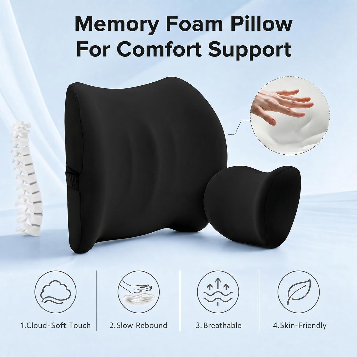 Universal Memory Foam Car Neck Pillow and Lumbar Support Pillow Set, Black