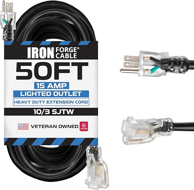 Iron Forge Cable 50 ft Lighted Outdoor Extension Cord - 10/3 SJTW Heavy Duty Black Extension Cable with 3 Prong 15 AMP Grounded Plug for Safety