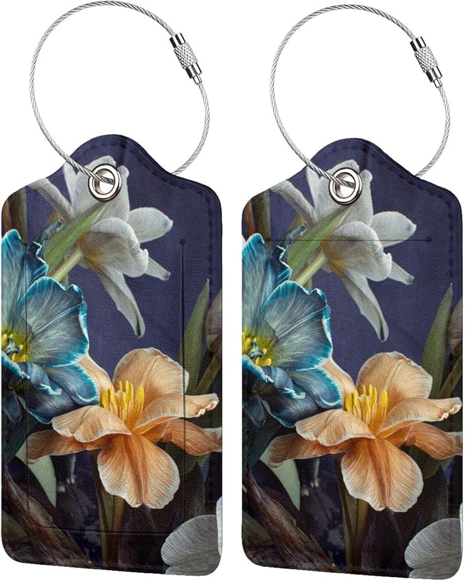 Retro Tulips Luggage Bag Case Tags for Travel Suitcase White Blue Yellow Flowers On Blue Background PU Leather Baggage Tag with ID Label Privacy Flap Cover 2 Pack