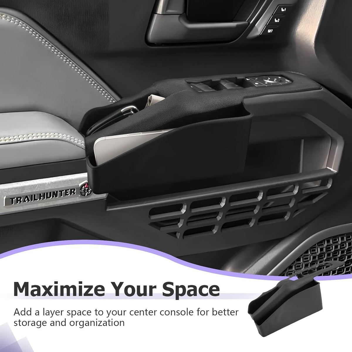 LUWU Door Side Storage Box Compatible with 2025 Toyota 4Runner Accessories Side Organizer Tray 2025 4Runner Center Console Organizer TPE Material Front Storage Box Black 2-Pack