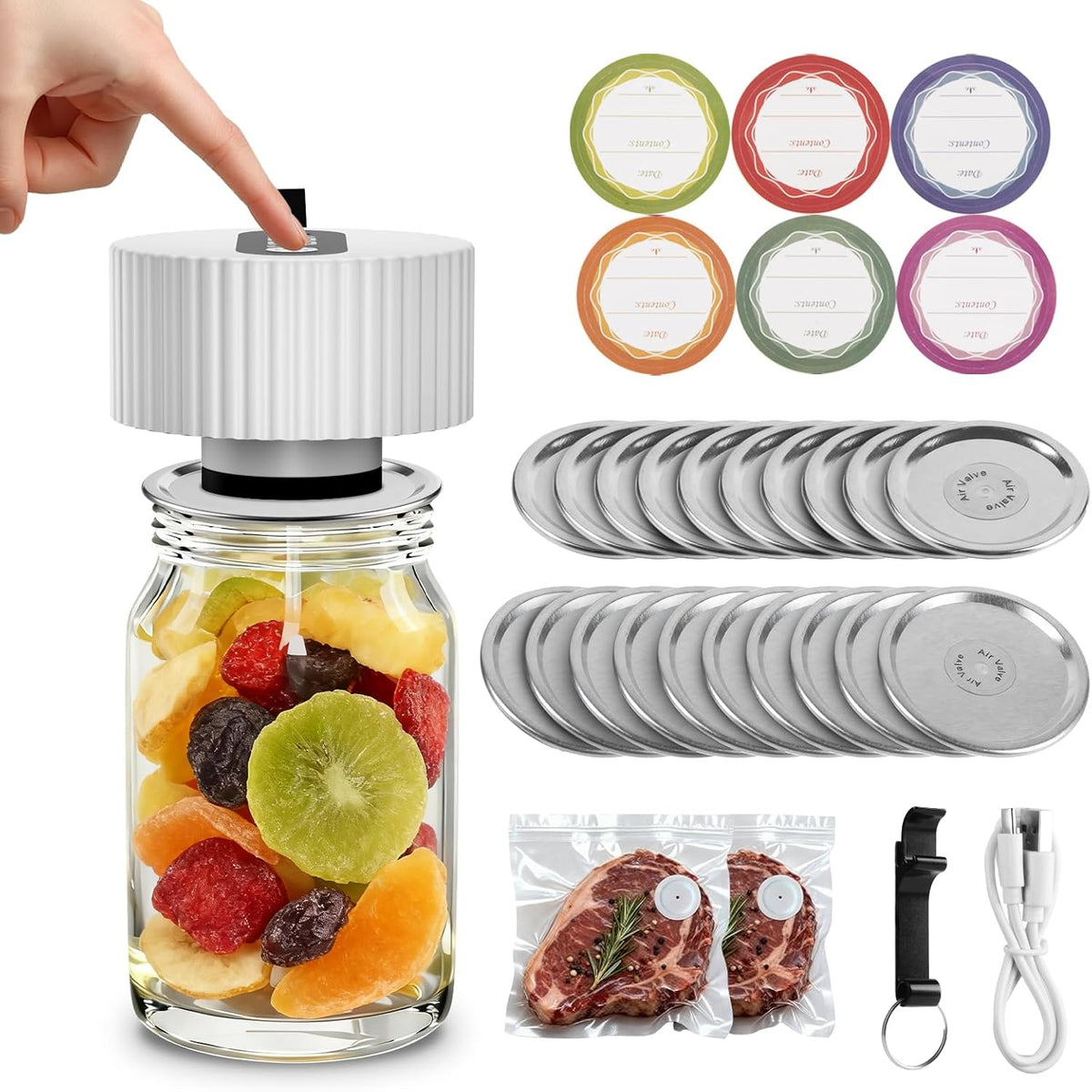 Skiennix Electric Mason Jar Vacuum Sealer Kit - One-Touch Sealing for Wide & Regular Jars | Portable Gift for Mom & Grandma