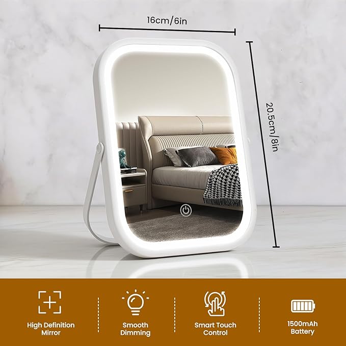 Vanity Mirror with Lights, 8"×6" LED Makeup Mirror Built-in 1500mAH Lithium Battery, 3-Color Lighting, Dimmable, Lighted Up for Makeup Desk (White)