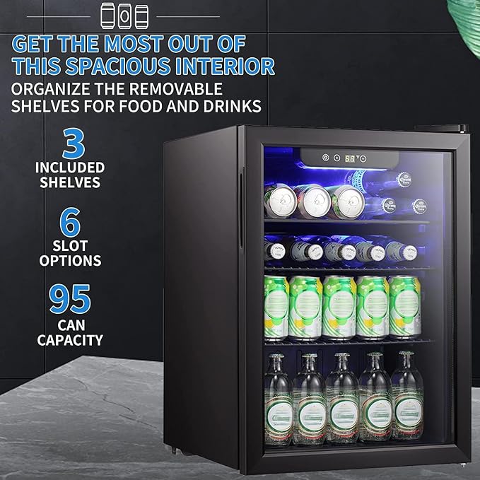 Antarctic Star Mini Fridge-95 Can Beverage Refrigerator Wine Cooler Clear Front Glass Door Small Drink Touch Screen for Soda Beer Bar Office Home 2.6 cu.ft | 95 Can Capacity, Clear Front Glass Door, Touch Screen for Soda Beer Bar Office Home