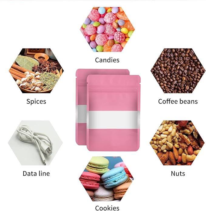 100 Pieces Smell Proof Mylar Resealable Food Storage Bags With Clear Window, Foil Pouch Stand-up for Self Sealing Supplies (Pink, 4.7 x 7.8 Inch)