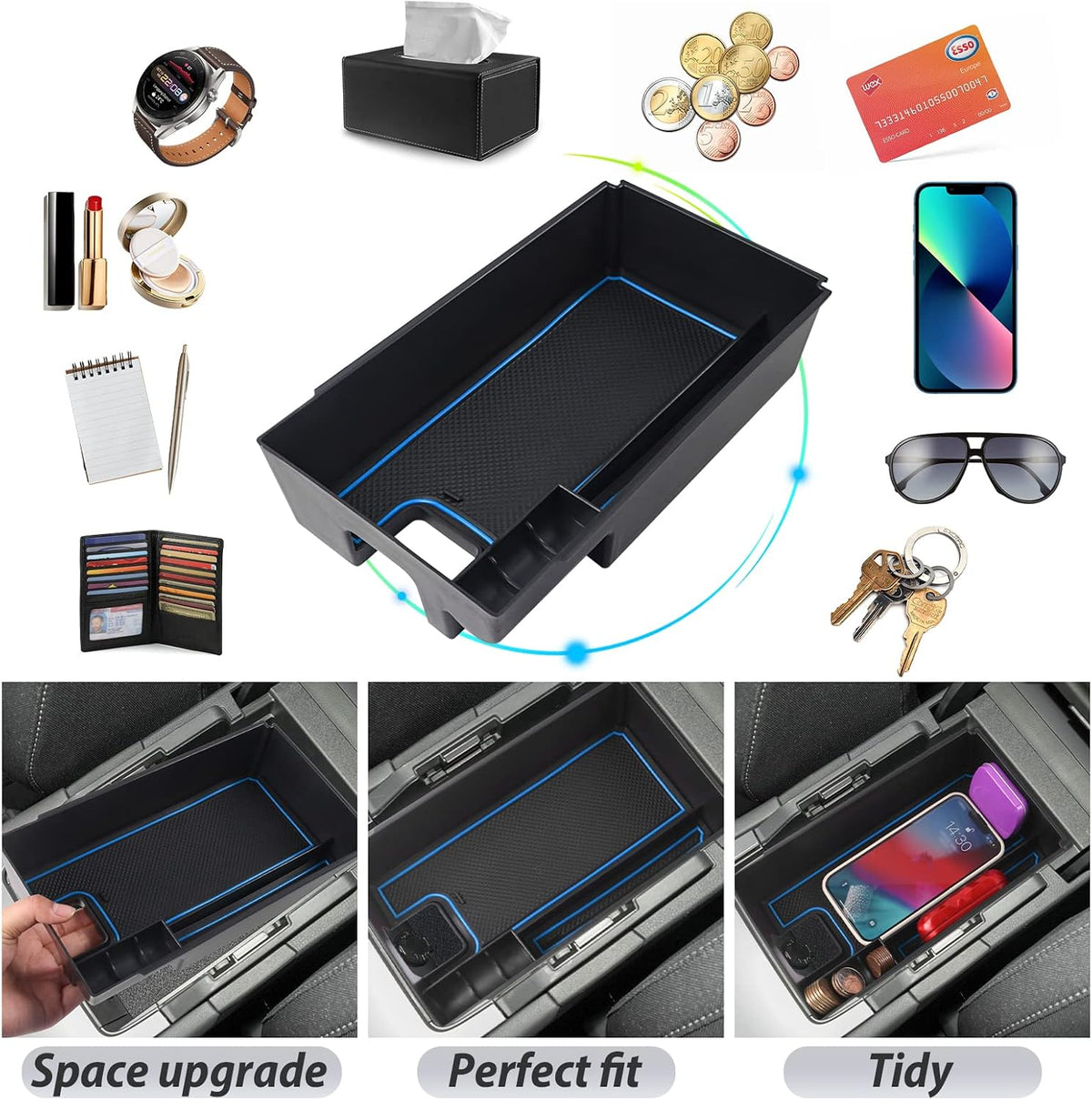 SKTU (Update) Compatible with 2021 2022 2023 2024 Toyota Venza Center Console Organizer 2024 2023 2022 2021 Toyota Venza Accessories ABS Black Materials Tray Armrest Secondary Storage Box (Blue)