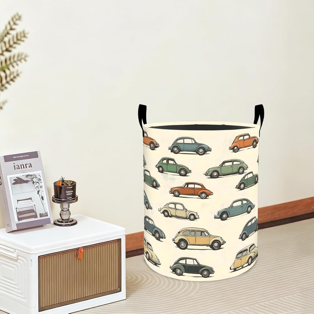 Classic Car Laundry Basket Vintage Vehicle Cartoon Waterproof Oxford Fabric Cloth Storage Hamper, 19.7x15.7 Inch Retro Auto Portable Dirty Baskets Decor Gifts for Living Room Bathroom
