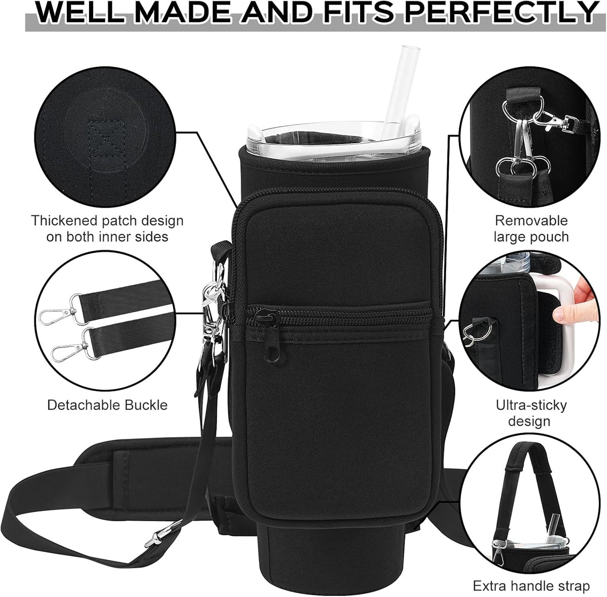 Stanley Water Bottle Carrier Bag - Neoprene Holder with Adjustable 4.9FT Strap & Pouch for 30 oz Tumbler