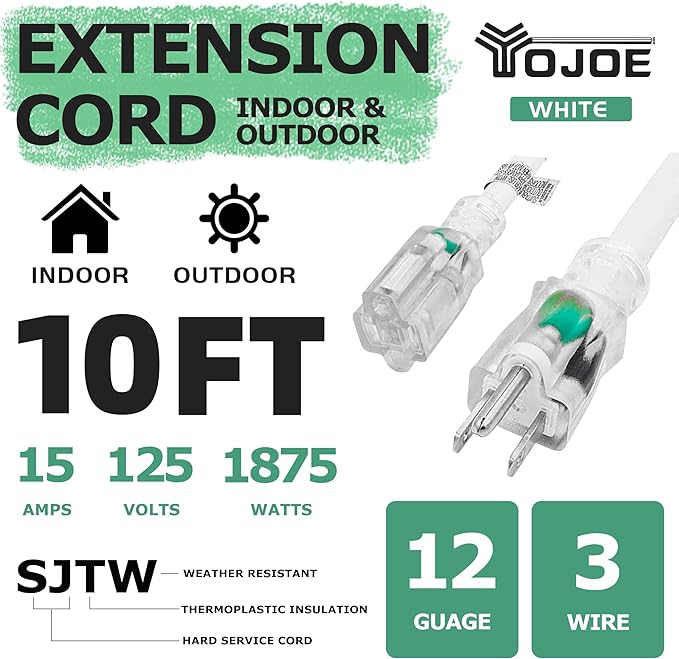 YOJOE Indoor Outdoor Extension Cord with Lighted End, 3 Prong 15A Weatherproof Power Cord, 12 Gauge Heavy Duty 10 ft White Extension Cord for Garage, Garden and Home, 12/3 SJTW UL Listed