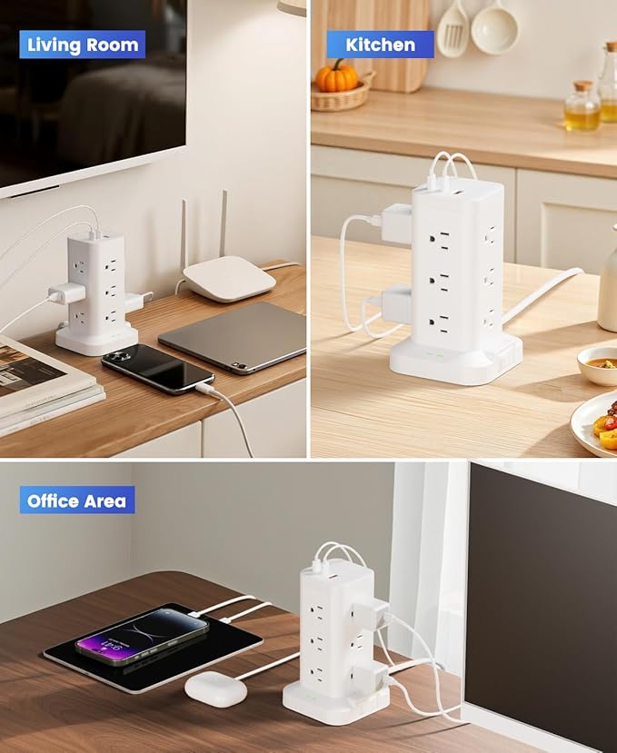 15-in-1 Power Strip Tower with Surge Protector 1800J, Fast Charging Tower PD20W USB-C Ports with 12 AC Outlets, 15ft Extension Cord for Home Office Dorm Room, White