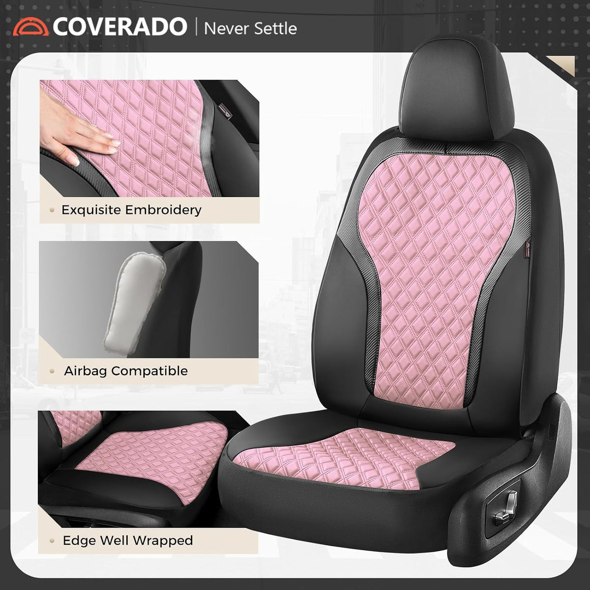 Coverado Car Seat Cover, Leather Seat Covers Full Set, Durable Waterproof Car Seat Protectors, Black and Pink Seat Cover, Spill-Proof Automotive Seat Covers Universal Fit for Most Cars Trucks