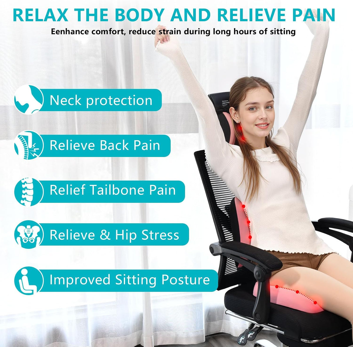 FLORICH 3 PCS Seat Cushion for Carseat Lumbar Support Pillow Car Neck Headrest Pillow 100% Memory Foam Seat Pads Pressure Relief Back Cushion for Office Chair(Light Pink)