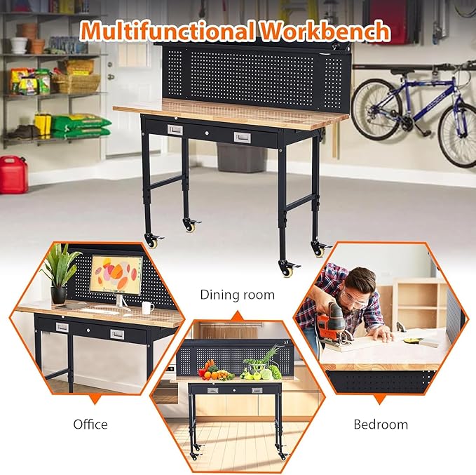 Workbench 60" x 22" Adjustable Height Worktable, Heavy Duty Rubber Wood Top, 2000 LBS Load Capacity, Tool Storage Workstation with Drawer, Pegboard, Power Outlets & Lockable Wheels, with Drawer Back