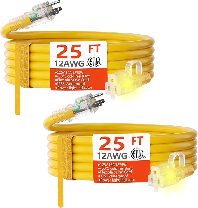 HUANCHAIN 12/3 25ft 2 Pack Heavy Duty Outdoor Extension Cord 25 ft Waterproof with Lighted end, Flexible Cold-Resistant 3 Prong Electric Cord Outside, 15Amp 1875W 12AWG SJTW, Yellow, ETL