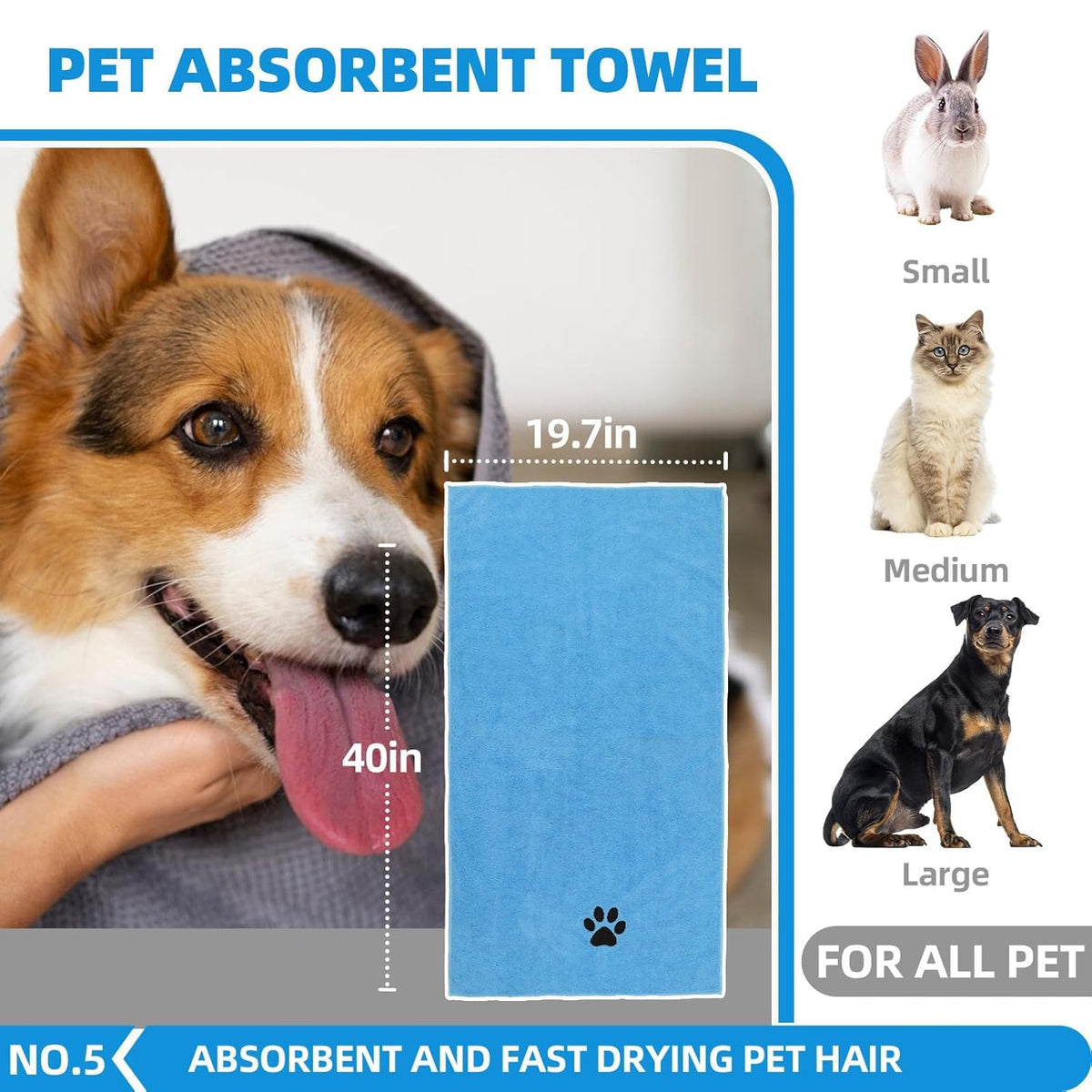 Skiennix Bath Grooming Kit - 6-in-1 Slicker Brush, Towel & Scrubber Gloves for Shedding Dogs & Cats | Blue