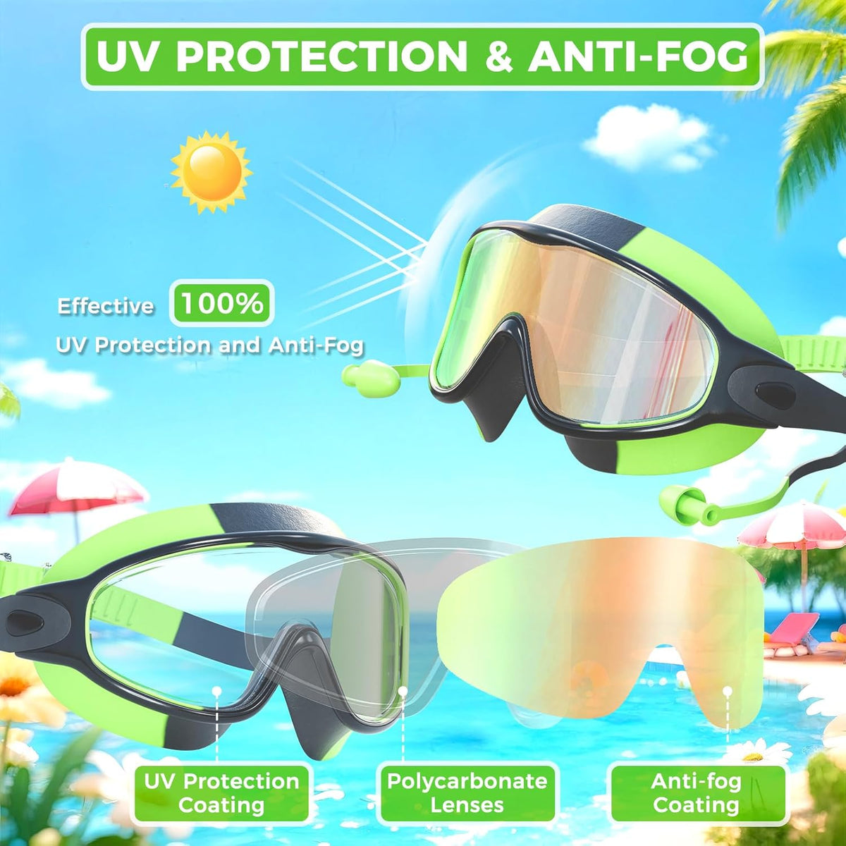 Skiennix Swimming Goggles - Anti-Fog UV Protection with Earplugs | Large Frame for Kids 4-12