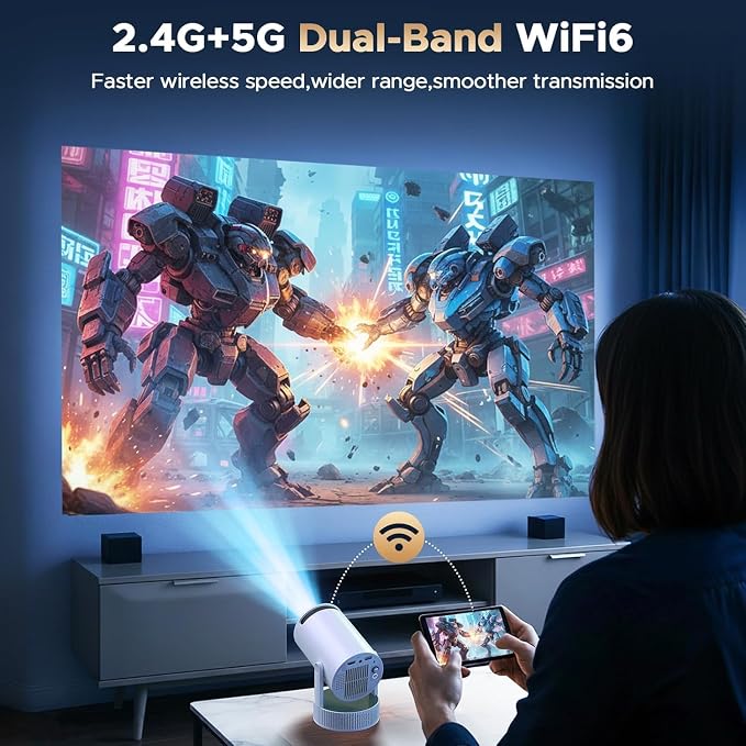 Mini Projector, Projector with Wifi and Bluetooth Built-in Battery 4K Portable Projector for Outdoor Bedroom, Smart Projectors 1080P Compatible with iphone/TV Stick/HDMI/Laptop