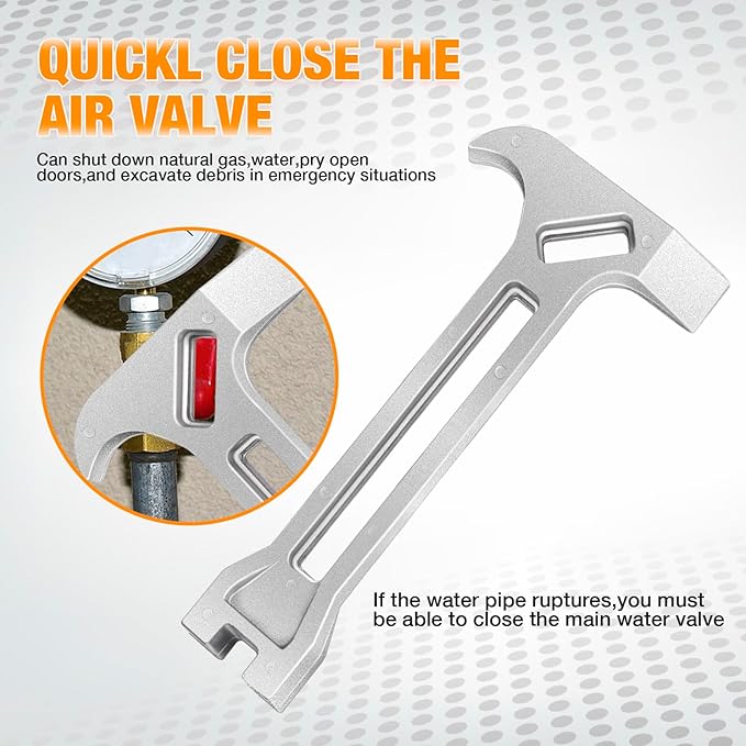 4-in-1 Emergency Tool – Gas & Water Shut Off Wrench, Non-Sparking Pry Bar, Earthquake Survival – Firefighter-Designed, Heavy-Duty Alloy (silver)