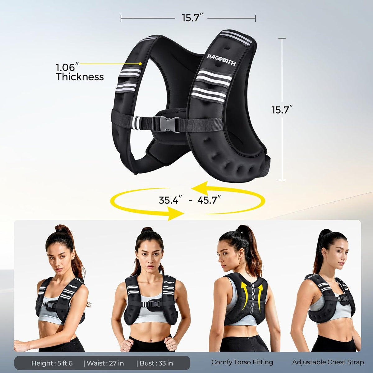 PACEARTH Weighted Vest - Adjustable 6lb to 30lb | Reflective Stripe for Enhanced Safety - Ideal for Strength Training & Weight Loss