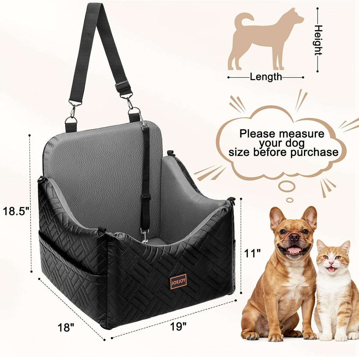 JOEJOY Dog Car Seats for Small Medium Dogs, Wipe Clean Waterproof Detachable PU Leather Cover, Thickened 2 inch Memory Foam Pet Car Seat with Safety Belt and Storage Pockets(No Cushion)