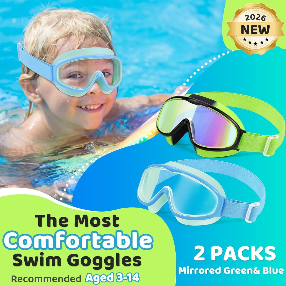 Vvinca Kids Swim Goggles - Anti-Fog, UV Protection, No Leak Design | Comfortable Fabric Strap for Ages 3-14