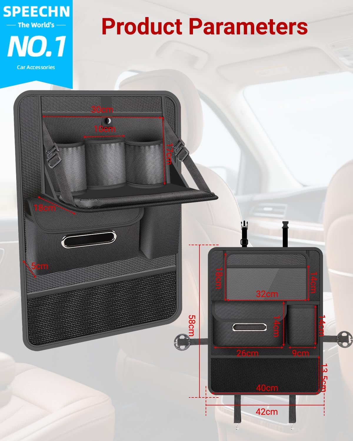 1pc Car Back Seat Organizer with Foldable Table Tray, 8 Storage Pockets & Tablet Holder, Kick Mat Back Seat Protector Cover for Kids, Road Trip Travel Accessories - Black