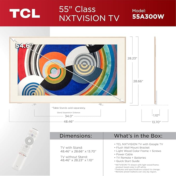 TCL 55" Class QLED 4K Smart NXTVISION TV with Google TV (55A300W, 2024 Model) Dolby Vision HDR & Dolby Atmos, Google Assistant with Voice Remote, Streaming TV (Renewed)