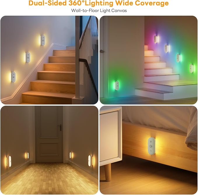 Rechargeable Night Light for Stair: Motion Sensor with 1800mAh Battery for 90-Nights Navigation - 3000K+RGB for Hallway Stair Safety 6-Pack