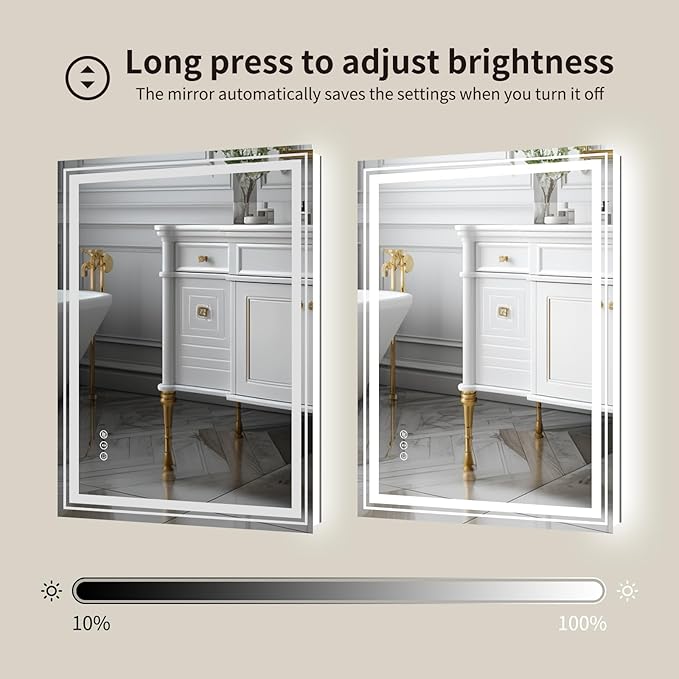 WTTY LED Bathroom Mirror with Backlit and Front Light,24"x36",Dimmable LED Mirror for Bathroom,Anti-Fog Lighted Bathroom Vanity Mirror Modern for Wall,Memory Function,Shatter-Proof