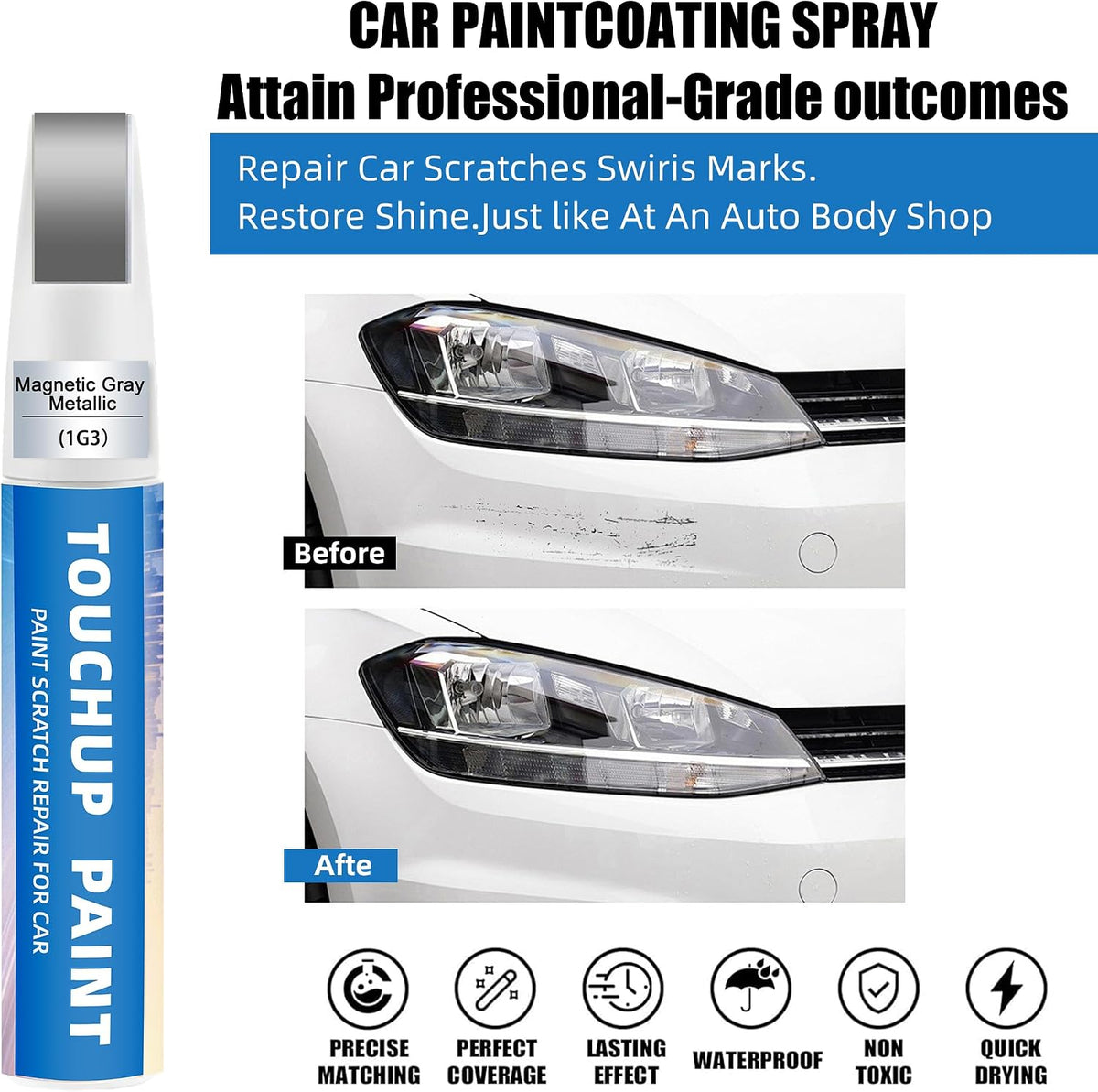 Magnetic Gray Metallic(1G3) Touch Up Paint for Toyota 2-in-1 Car Scratch Repair Pen for Rock Chips, Door Scratches & Paint Nicks Exact Color Match Quick Dry DIY Fix for RAV4 Camry Corolla