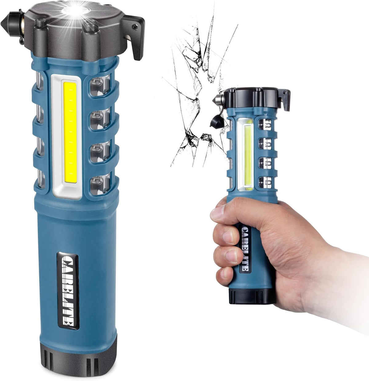 Emergency Car Flashlight with Seatbelt Cutter and Window Breaker, LED Work Light & Flash Beacon, Life-Saving Car Escape Tool for Roadside Safety (Blue)