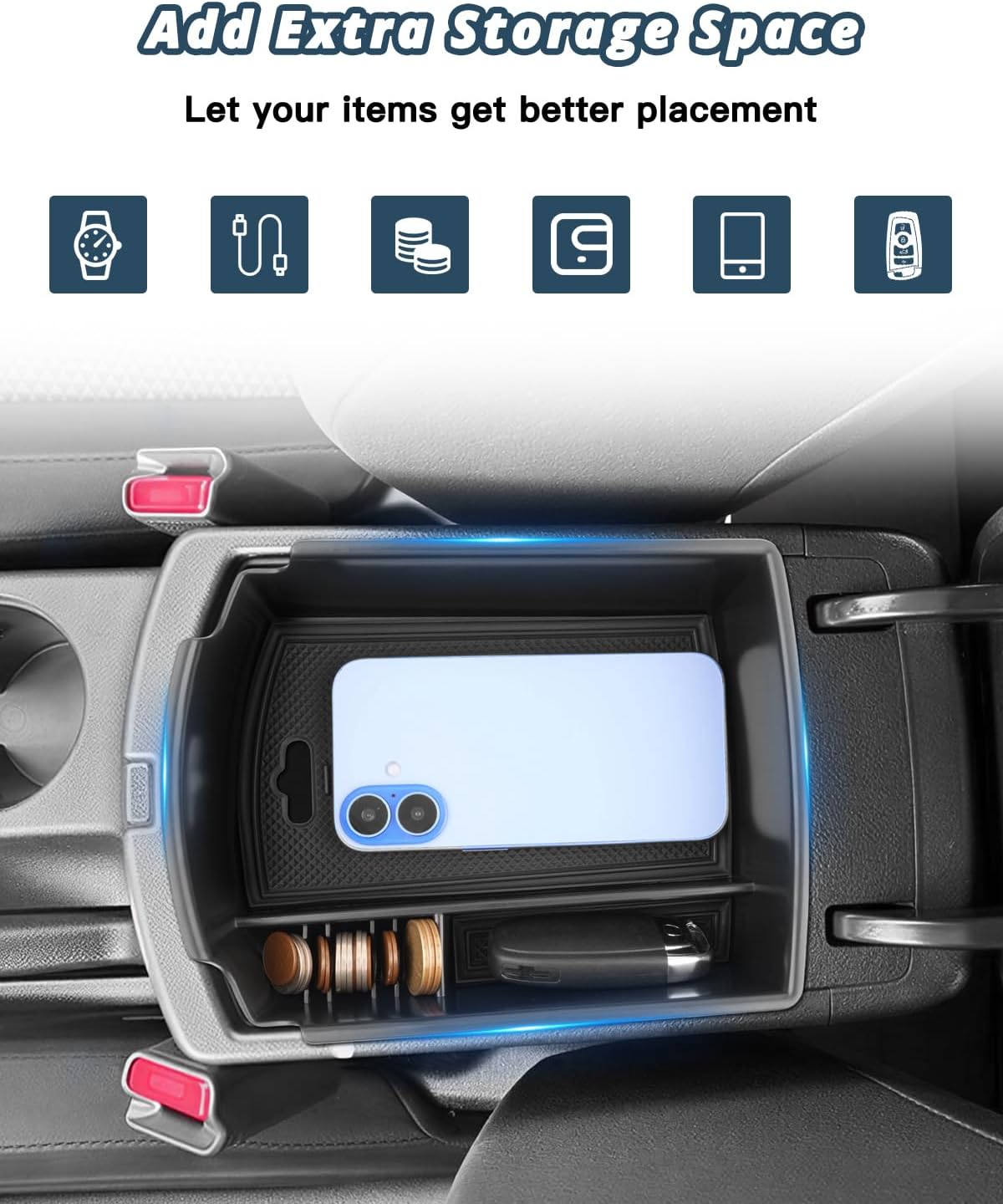 Ruiya 2025 Soul Center Console Organizer for Kia Soul 2025 Accessorie ABS Material Armrest Console Glove Tray Compatible with 2020 2021 2022 2023 2024 2025 Kia Soul LX/S/GT-Line/EX