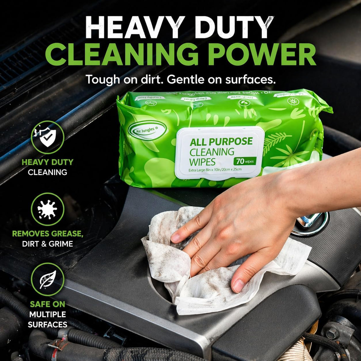 Air Jungles All Purpose Cleaning Wipes 70 Count, XL 8x10 Inch | Heavy Duty for Car Interior, Kitchen, Bathroom, Gym Equipment, Tools, Non-Toxic Safe For Multi-Surface
