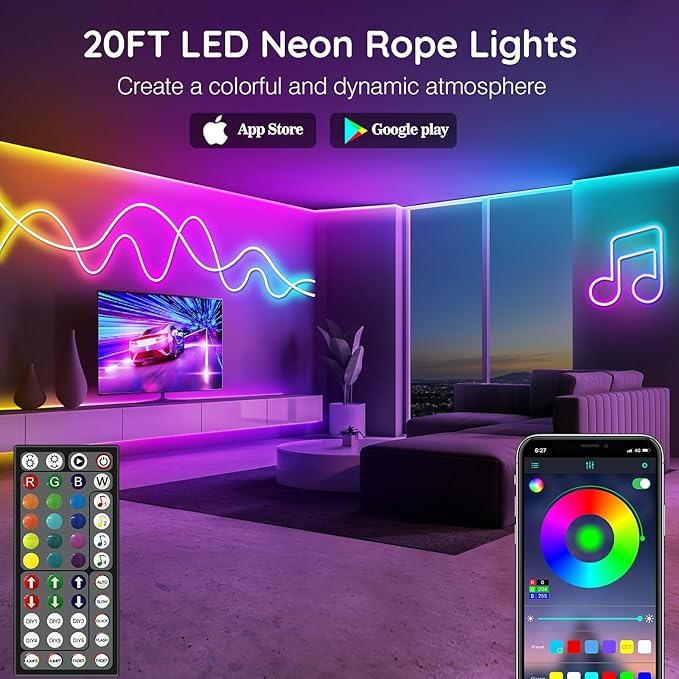 LETIANPAI 20Ft Neon Rope Lights,Flexible Led Rope Lights Control with App/Remote,Multiple Modes Music Sync Gaming RGB Led Neon Lights for Bedroom Outdoor