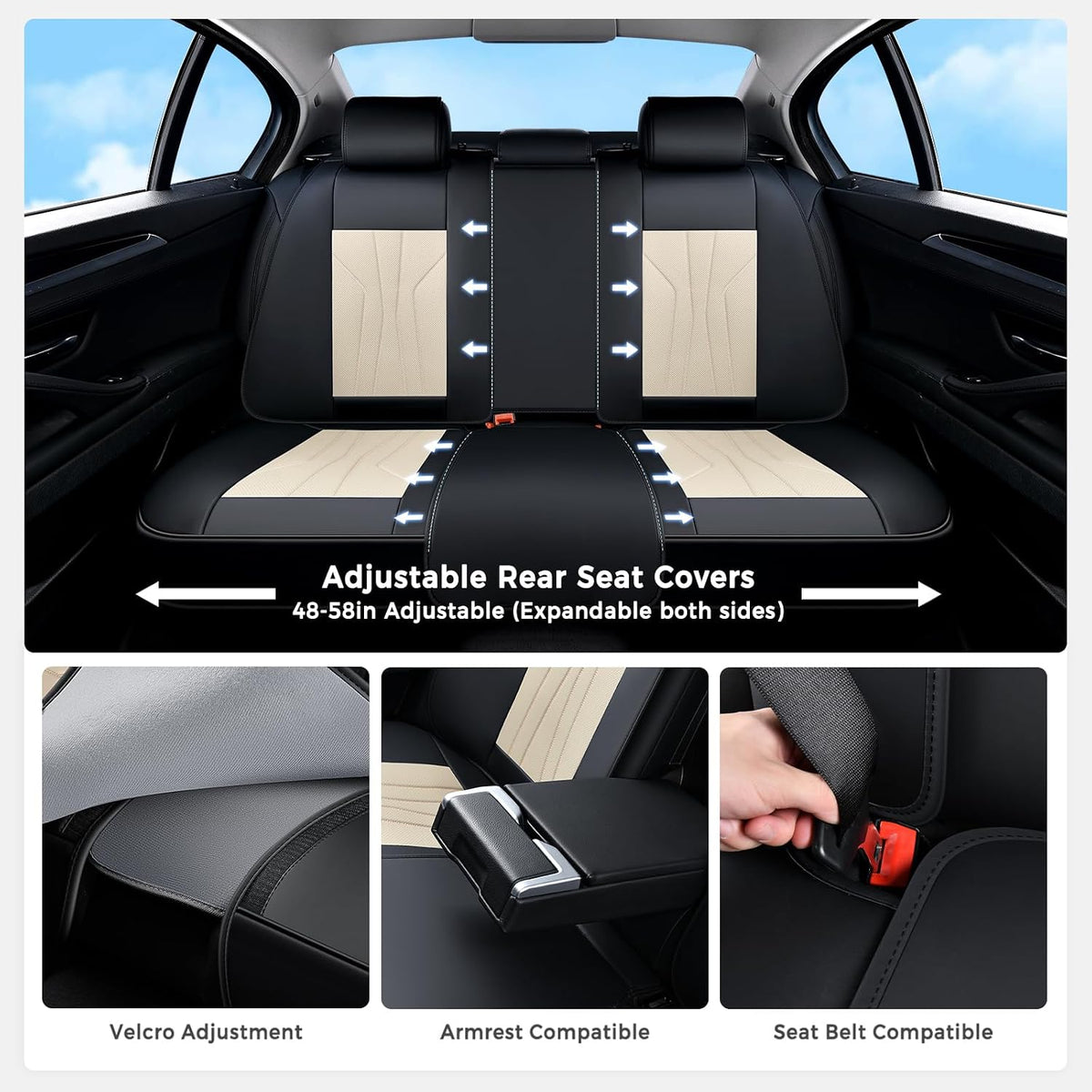 Huidasource Leather Car Seat Covers Full Set 5 Seats, Waterproof Faux Leather Front & Rear Seat Cover with Headrest, Non-Slip Automotive Seat Covers Fit for Most Cars Trucks SUV, Black&Beige